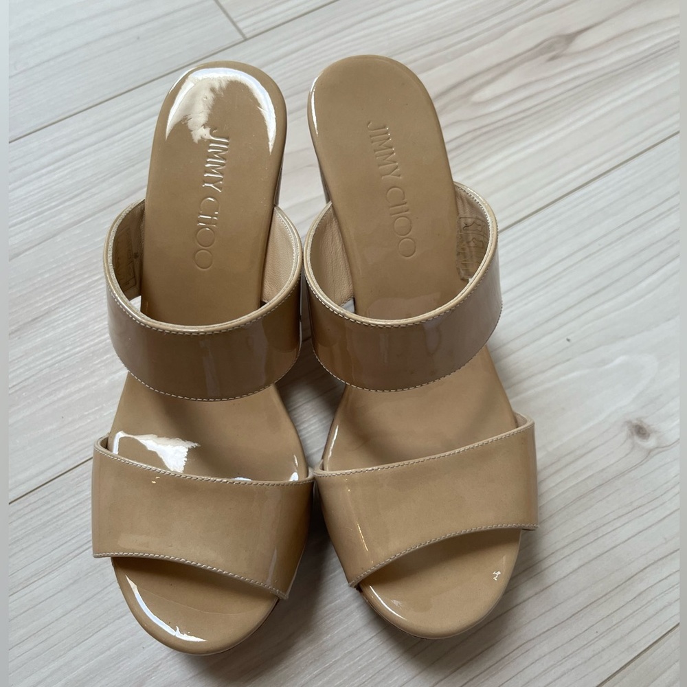 Jimmy Choo tan patent leather wedge sandals size 36.5